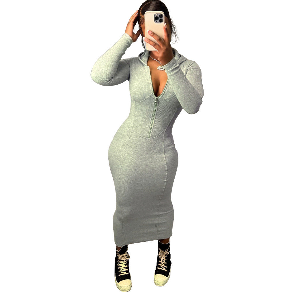 solid color long sleeve hooded zipper tight slim long dress 5