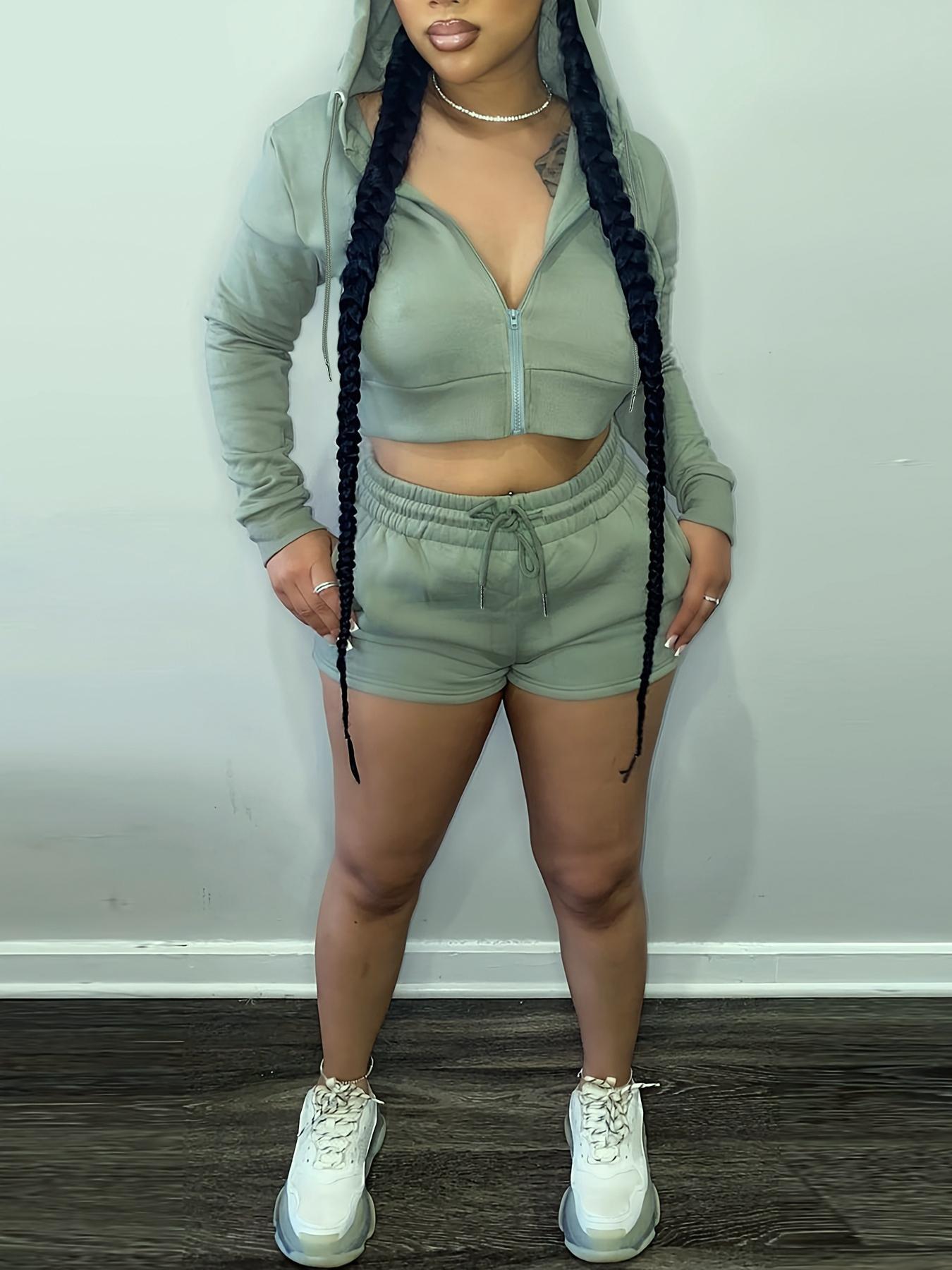 Women's Fashion Casual Spring Hooded Solid Color Two-Piece Shorts Set 9