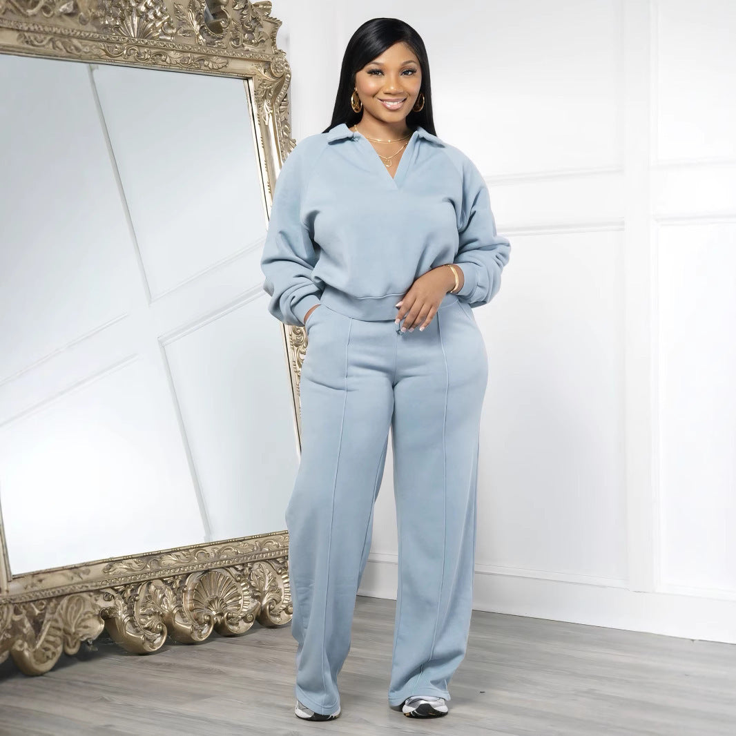 Women Fall and Winter Solid V-Neck Long Sleeve Top and Pant Casual Two-Piece Set 9