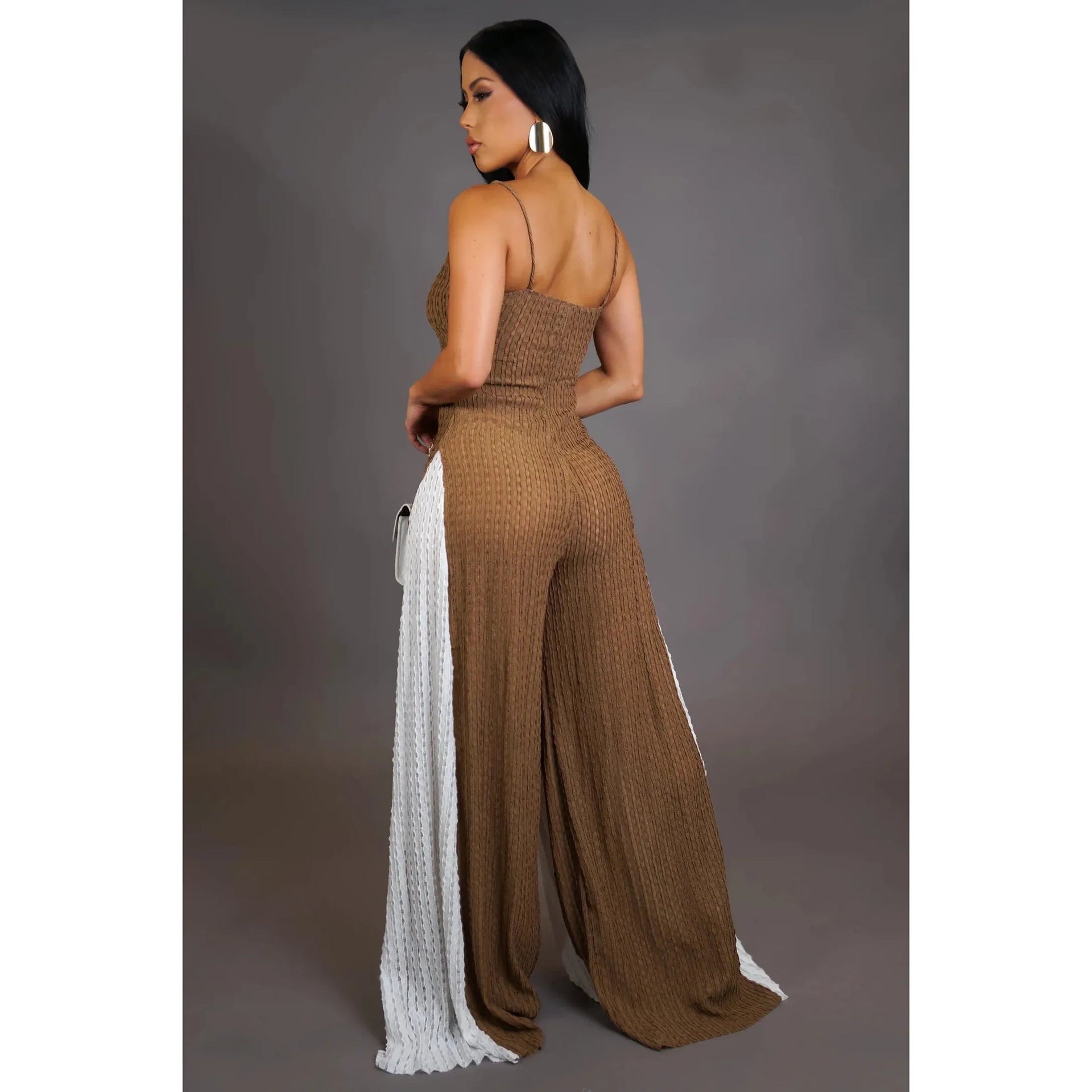 Women Sexy Hollow Wide-leg knitting Suspender Patchwork Contrast Jumpsuit 6