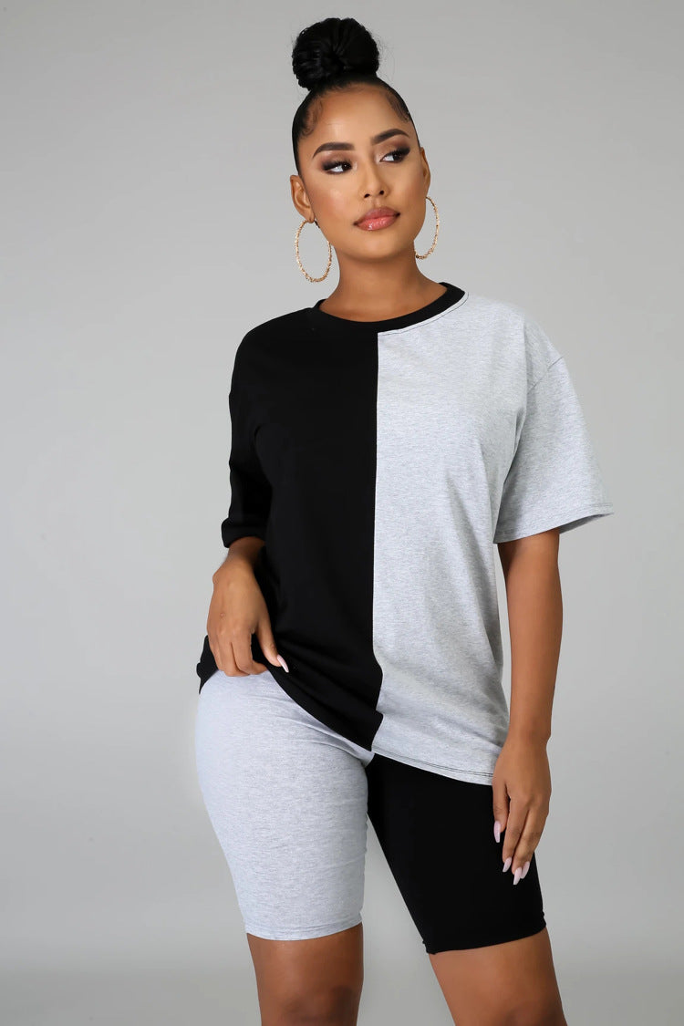 Women Summer Casual Color Block Round Neck Top and Shorts Two-piece Set
