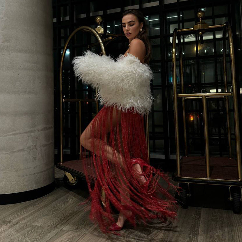 Women Tassel Patchwork Strapless Dress 6