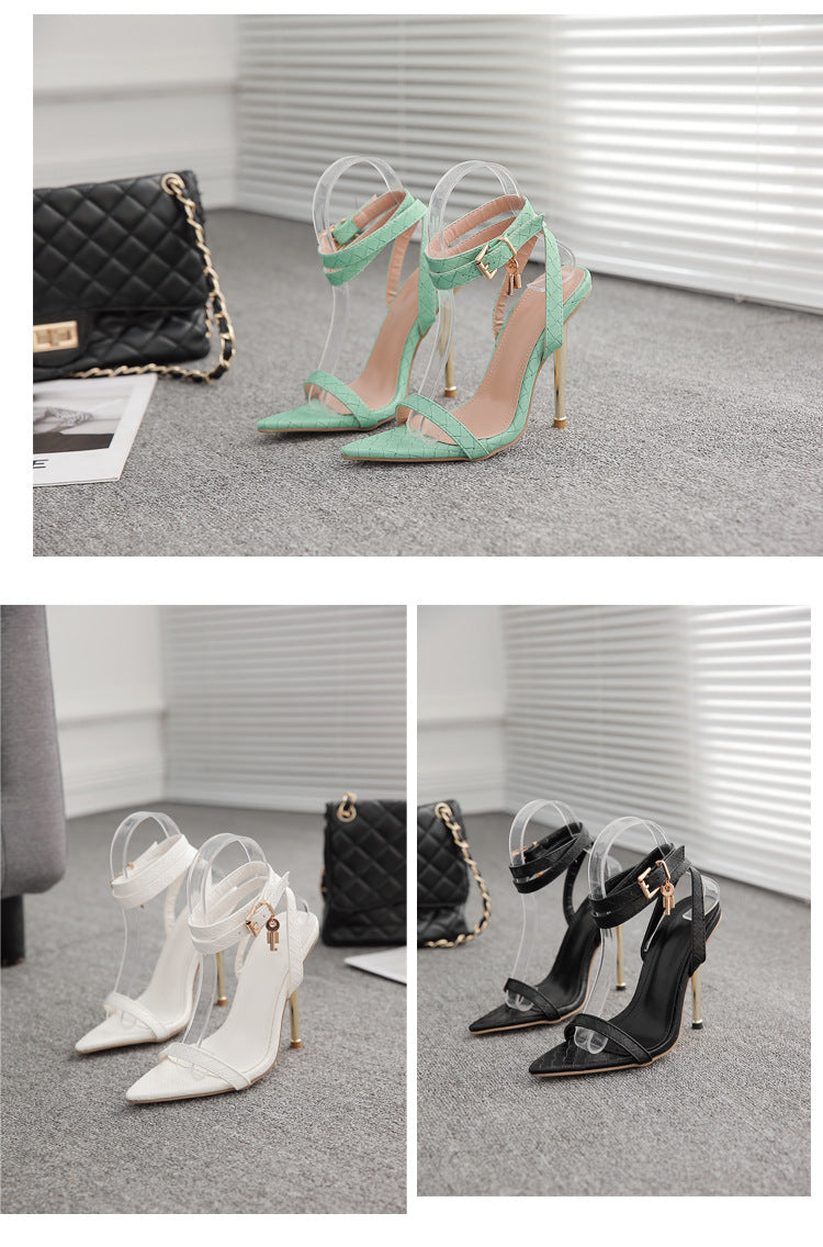 Women Pointed Toe Metal Lock Stiletto Sandals 16