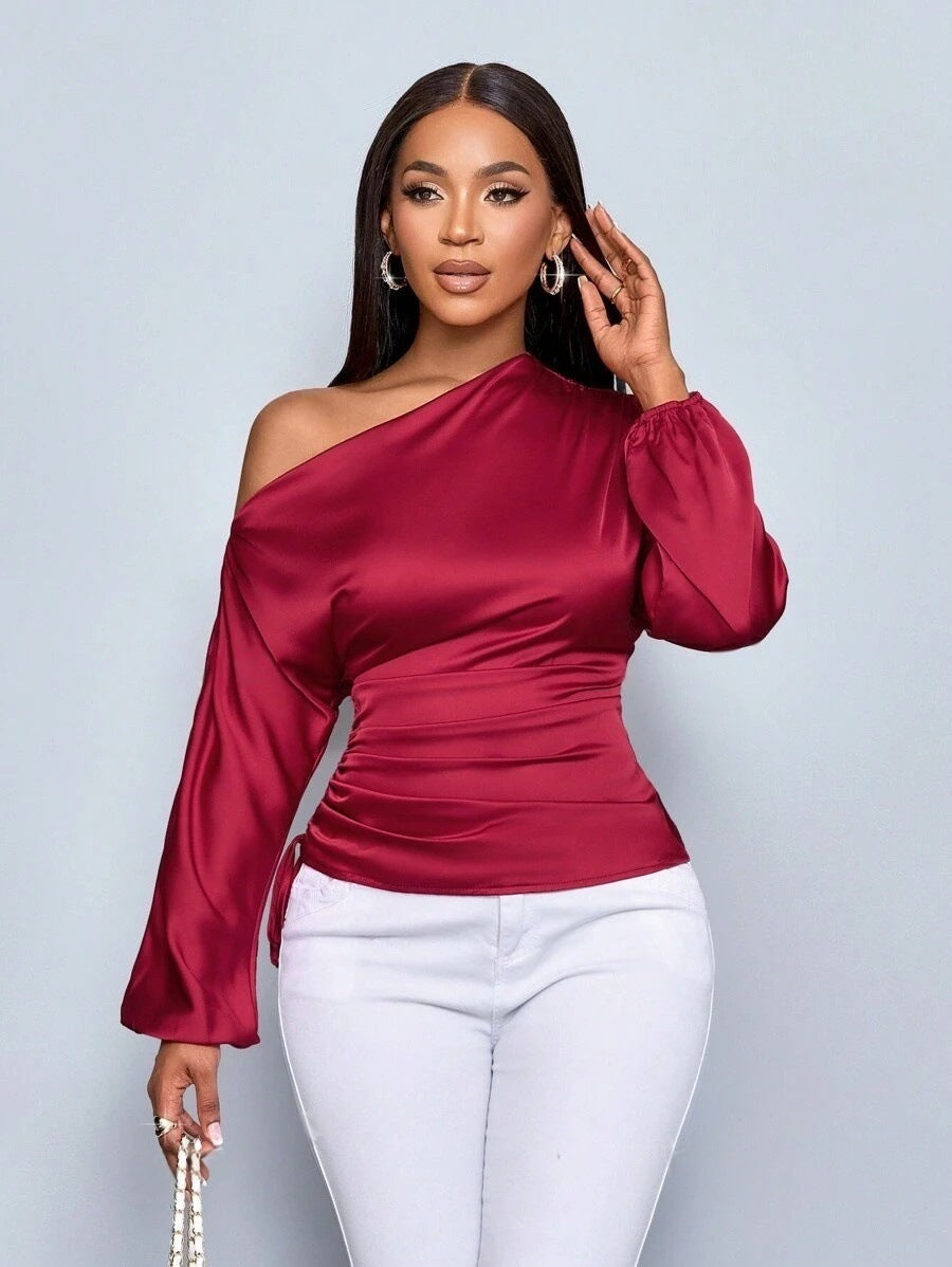 Women's Satin Shirt Asymmetric Slash Shoulder Long-Sleeve Blouse 32