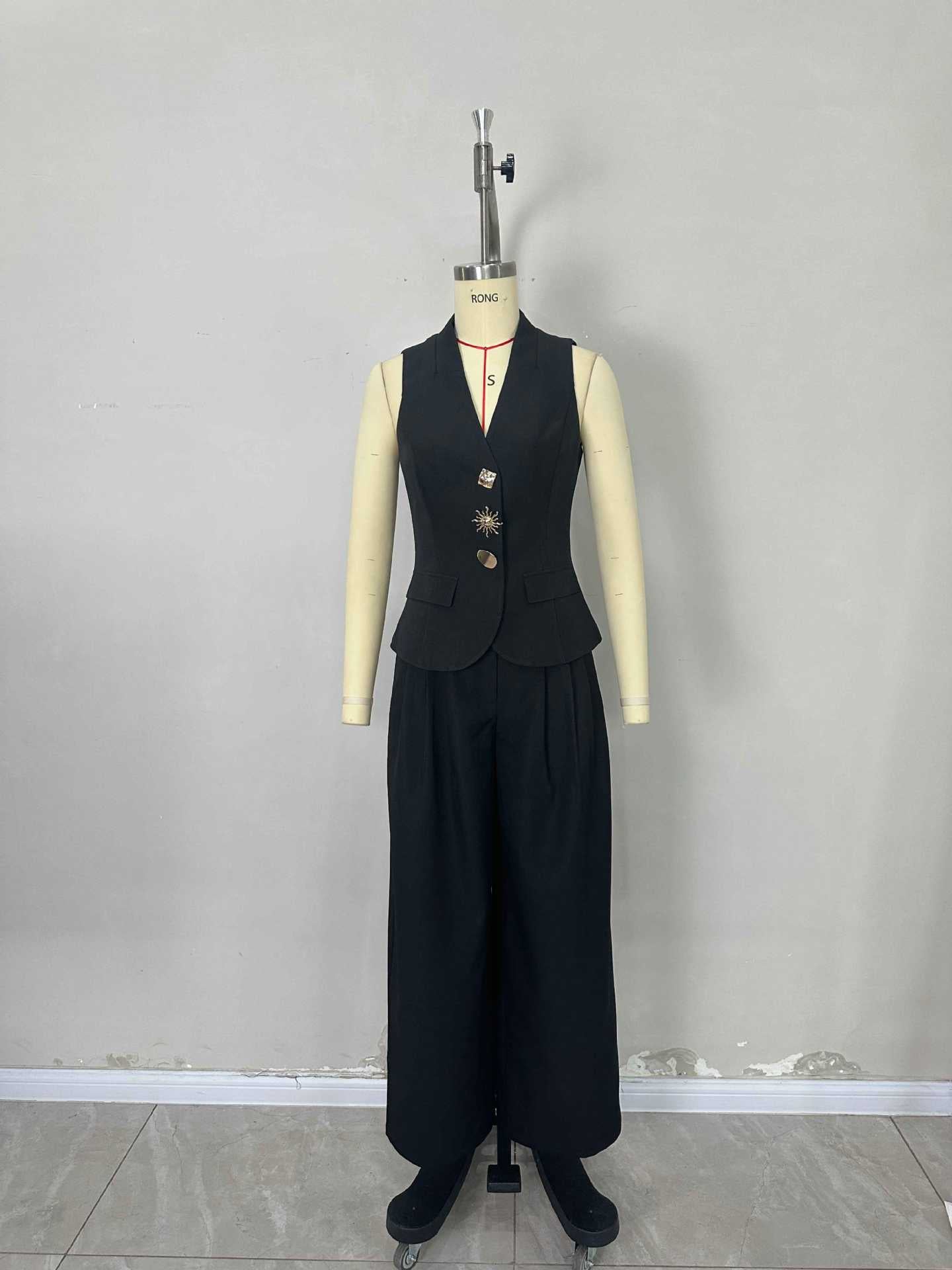 Women's Chic Elegant Solid Color V-Neck Sleeveless Vest & High-Waist Wide-Leg Trousers Set 5