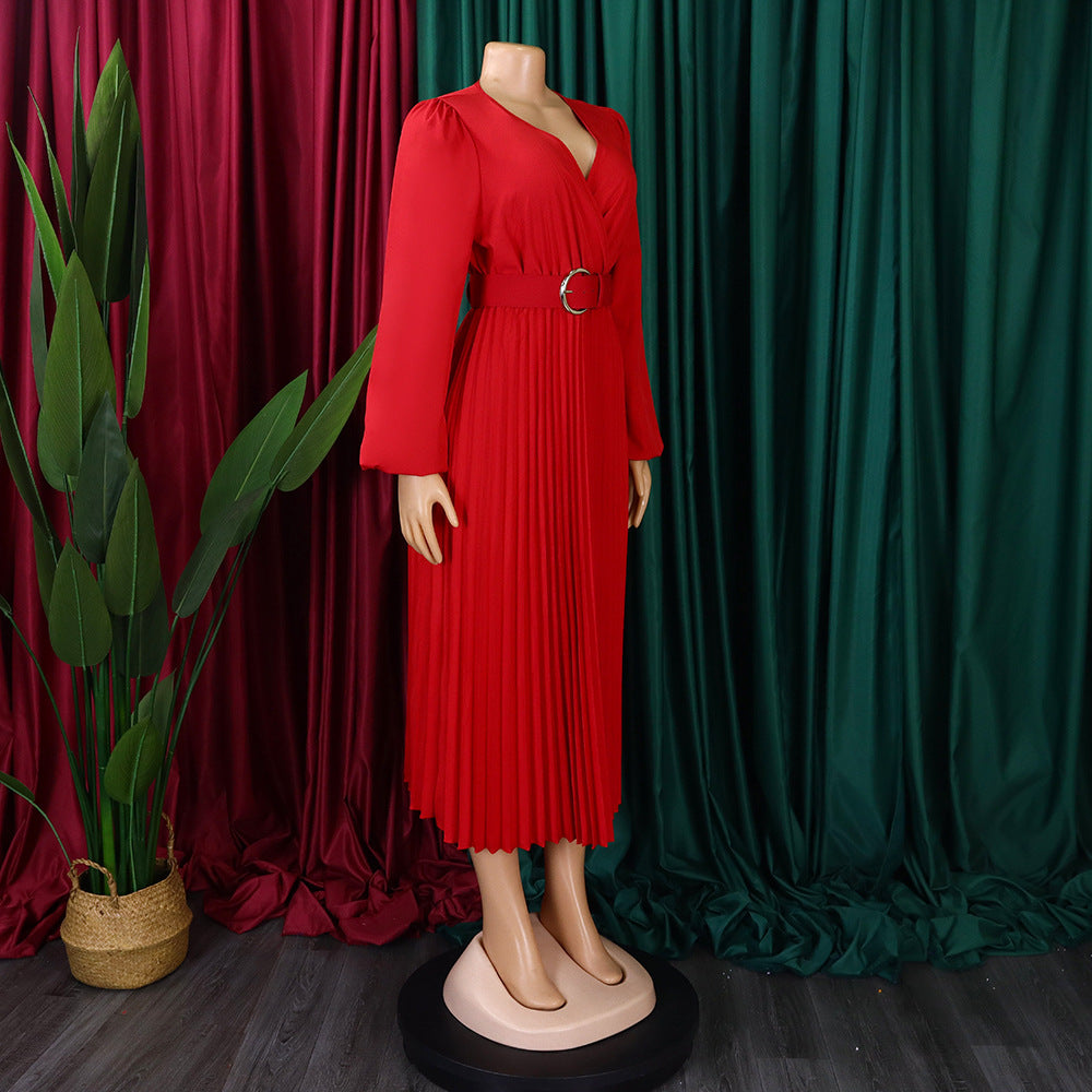 Plus Size Women Long Sleeve V-Neck Pleated Maxi Dress 15