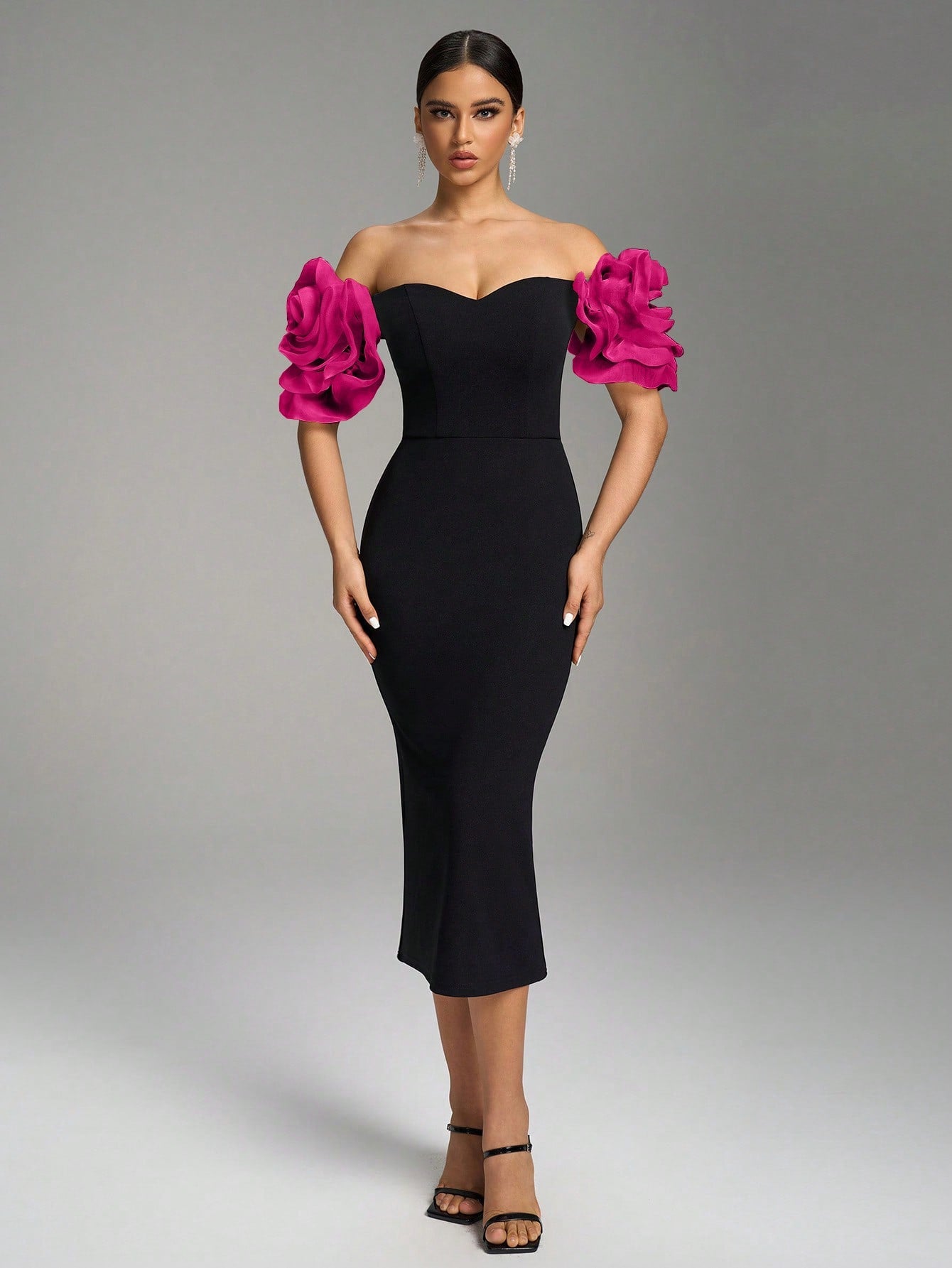 Black & White Off-Shoulder Floral Sleeve Bodycon Party Dress 3