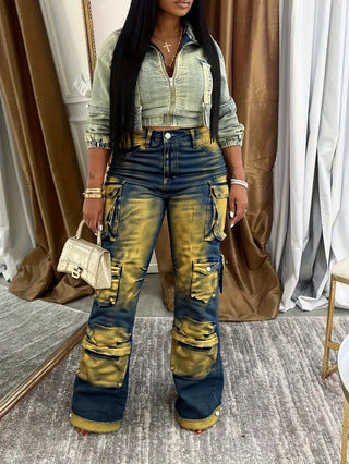 Women American Retro Cargo Tie-Dye Wide-Leg Pants 5