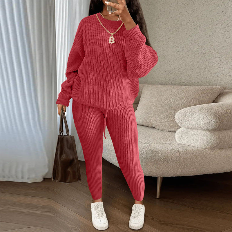 Fashion Casual Knitting Two Piece Pants Set Solid Long Sleeve Loose Sweater Trouser Suits Women's Clothing 9