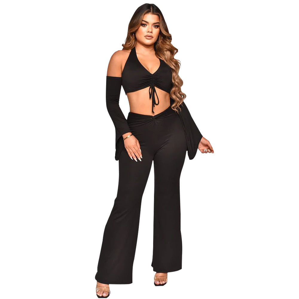 Women Fall Sexy Halter Neck Tie Crop Top+ Pants Two Piece 3