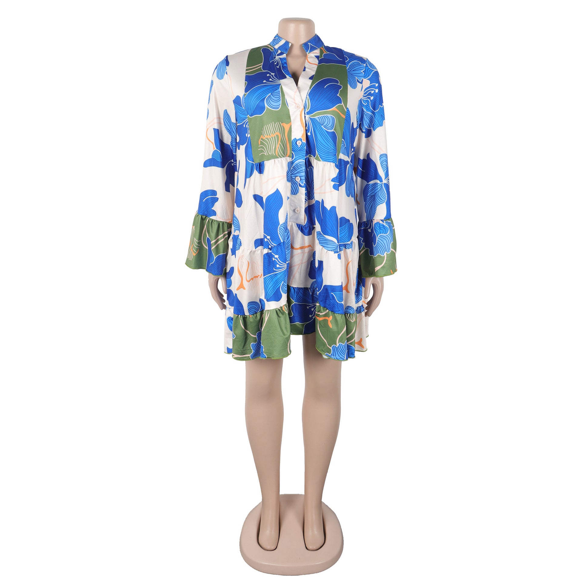 Women Elegant Floral Print V-Neck Patchwork Contrast Color Mini Dress 12