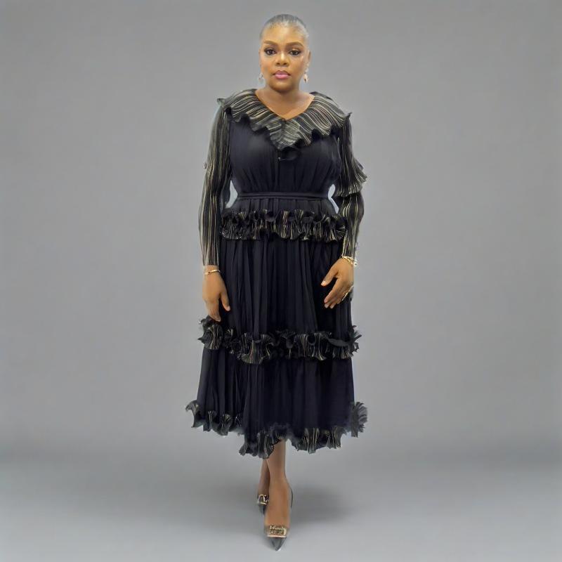 Plus Size African Women Shiny V-neck elegant dress