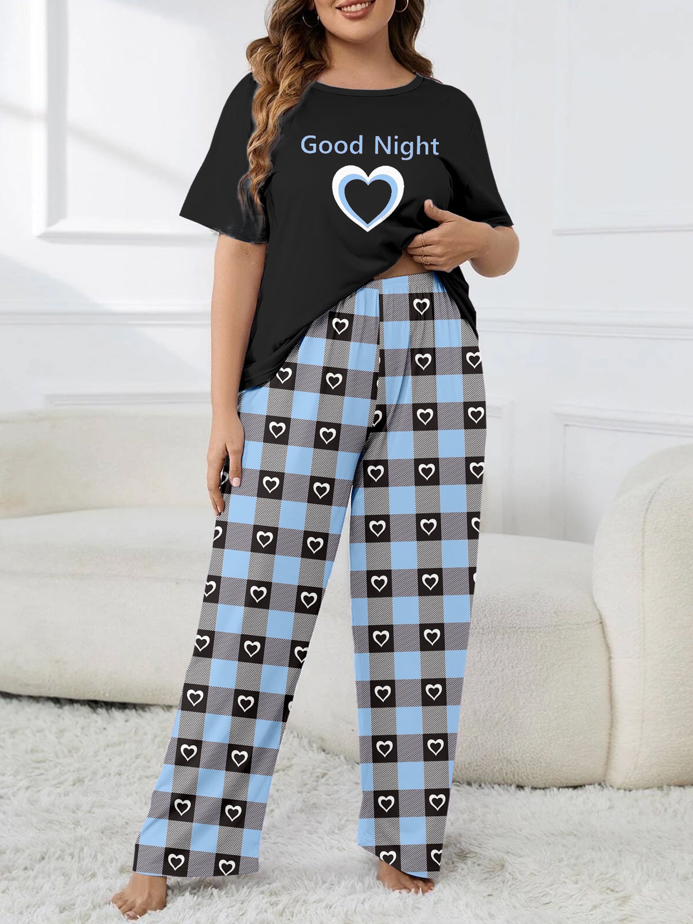 Heart Print Plaid Casual Loungewear Plus Size Pajama Set 3