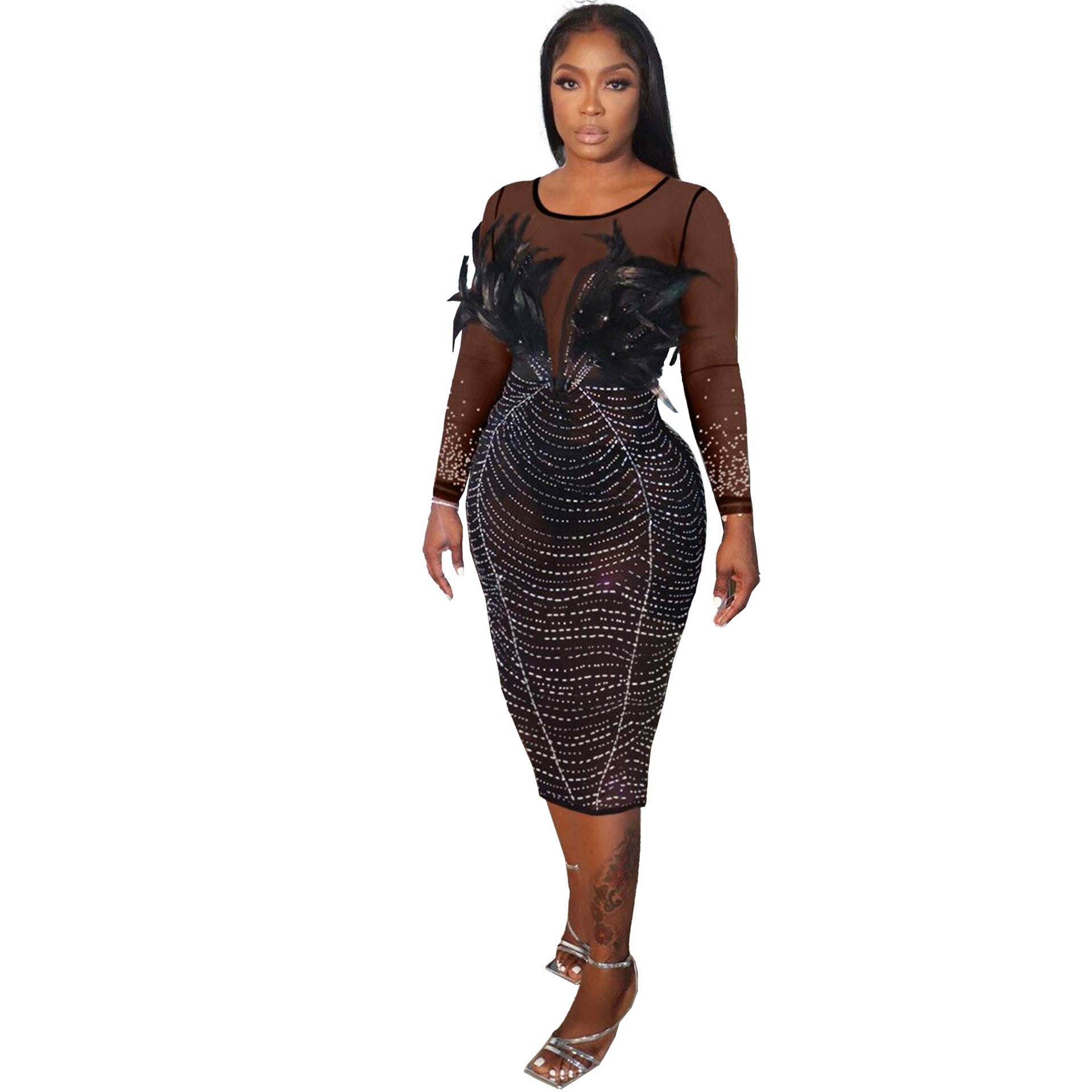 Sexy Feather Beaded See-Through Long Sleeve Patchwork Bodycon Dress
