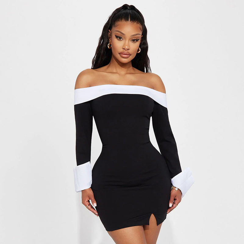 Women contrast Off Shoulder long sleeve Bodycon dress