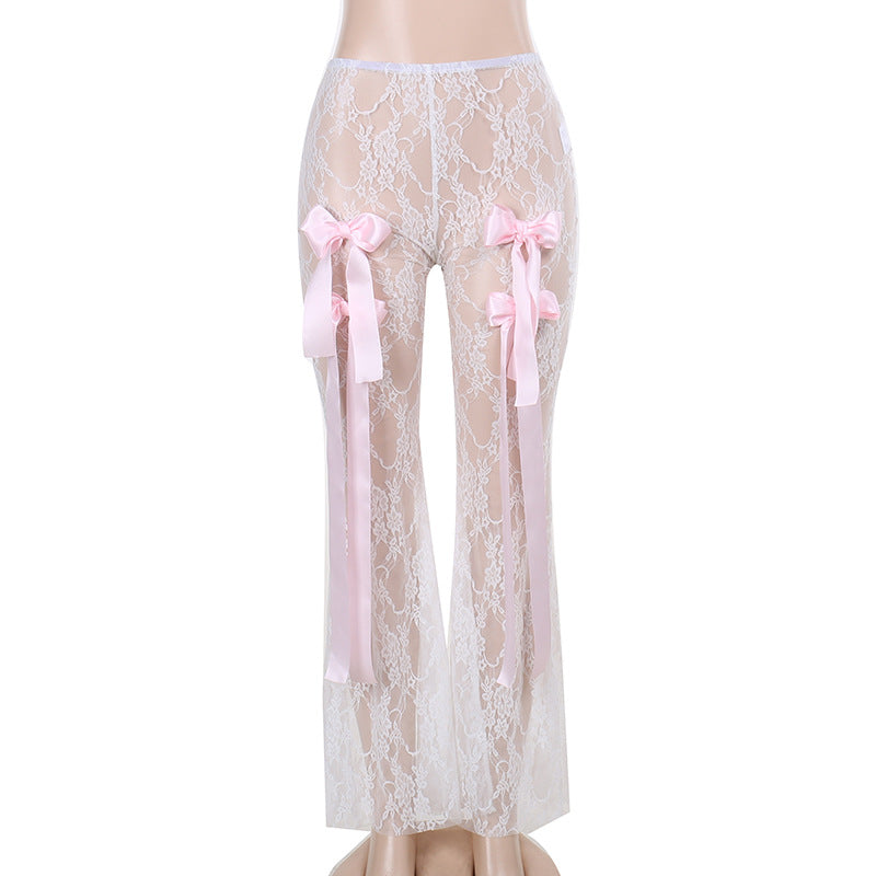 High-Waisted Lace See-Through Bow Trousers Straight-Leg Pants 9
