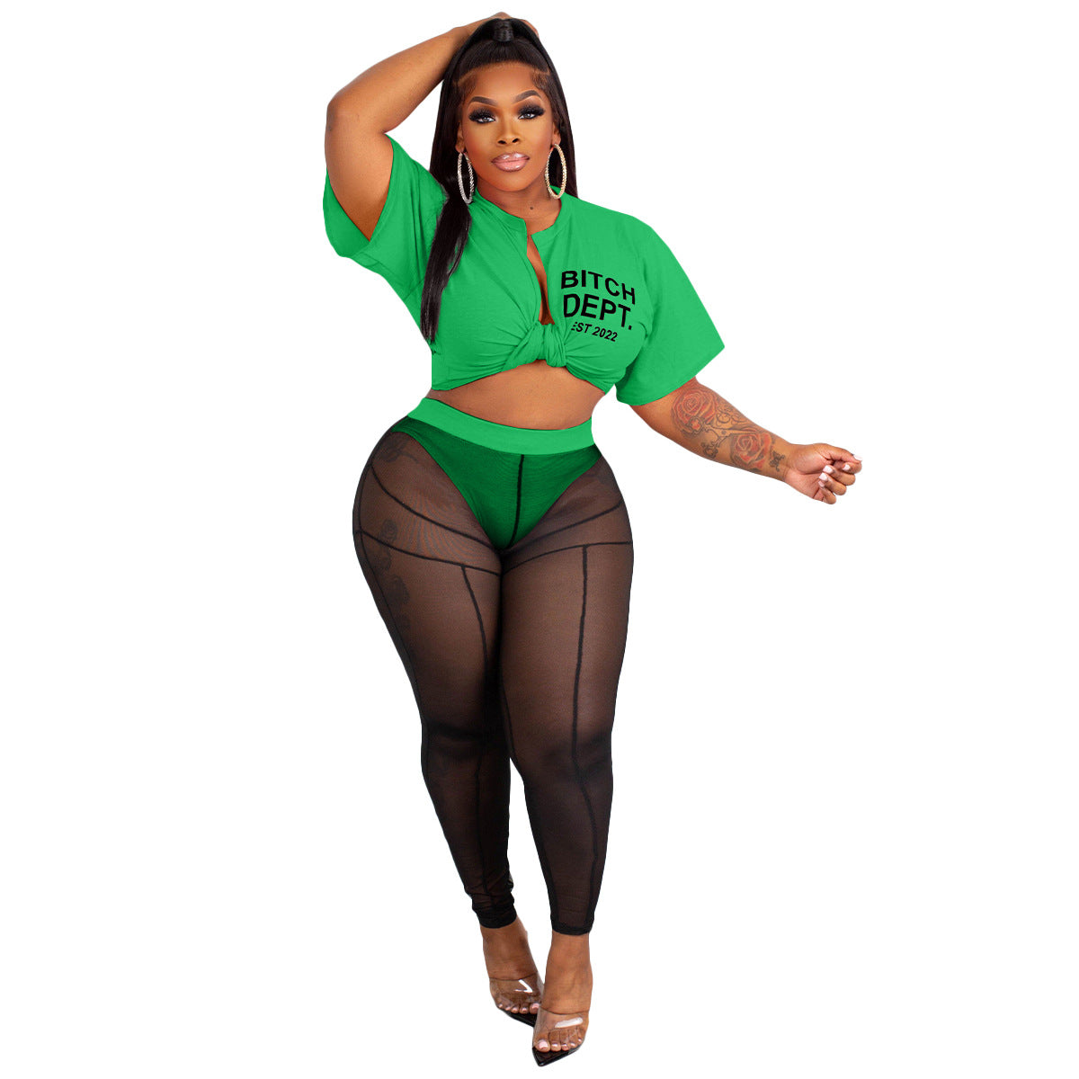 Women Sexy Letter Print Crop Top and Mesh Trousers Lace-Up Two-Piece Set 9