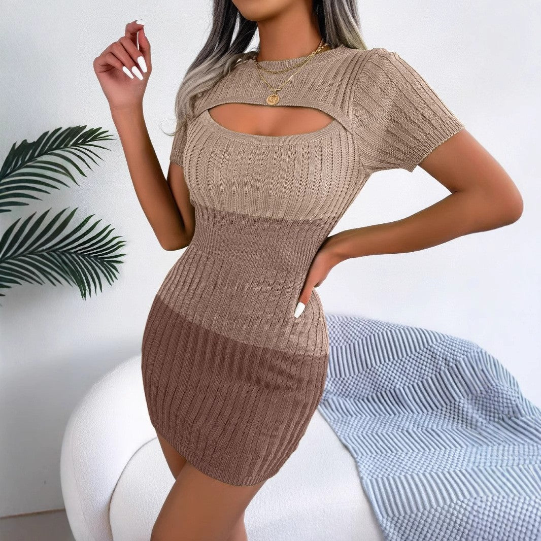 Women elastic round neck zipper hollow knitting long sleeve bodycon dress 4