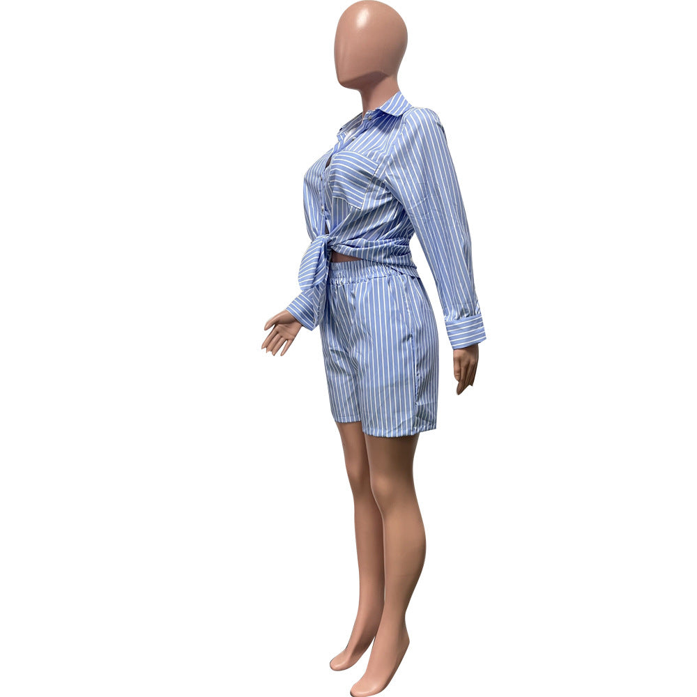 Women's Fashion Casual Stripe Patch Pocket Summer Shirt Shorts Two-Piece Set 15
