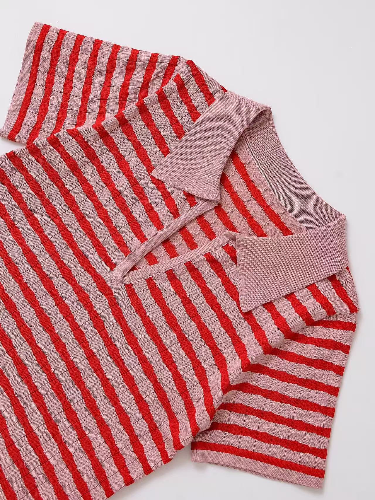 Fashion Turndown Collar Shirt & Striped Bell-Bottom Pants Summer Knit Set 21