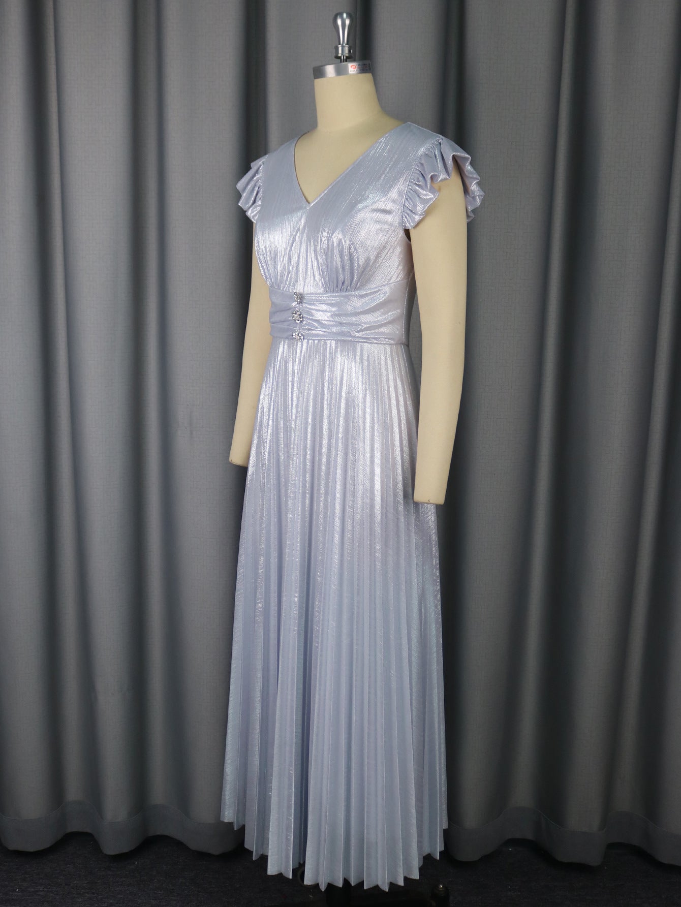 Women bridesmaid dress silver v-neck pleated elegant Formal Party Dress 4