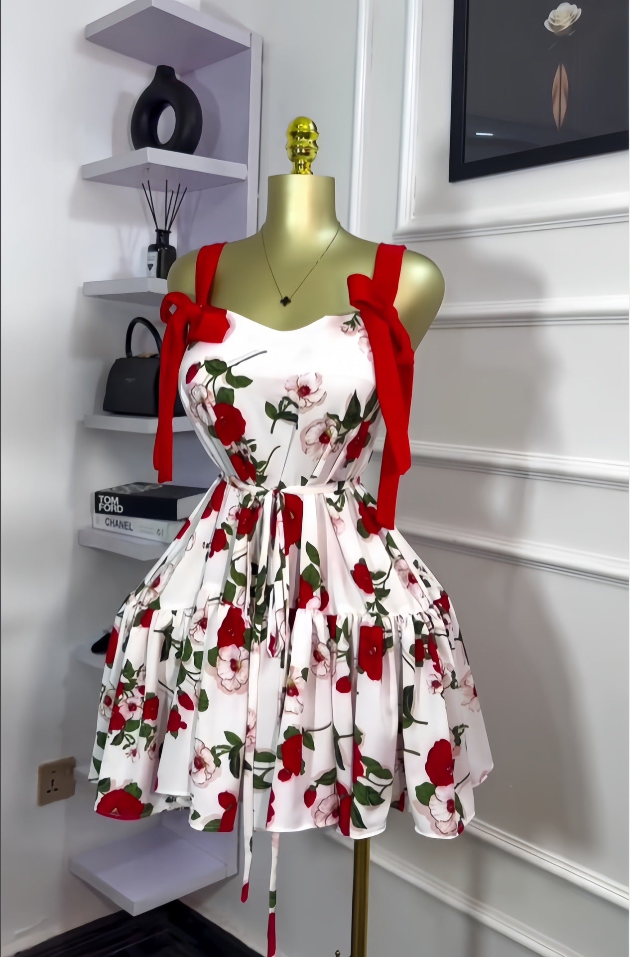 Women's Spring Sleeveless Print Strap Bow Lace-Up Ruffled Short Dress 3