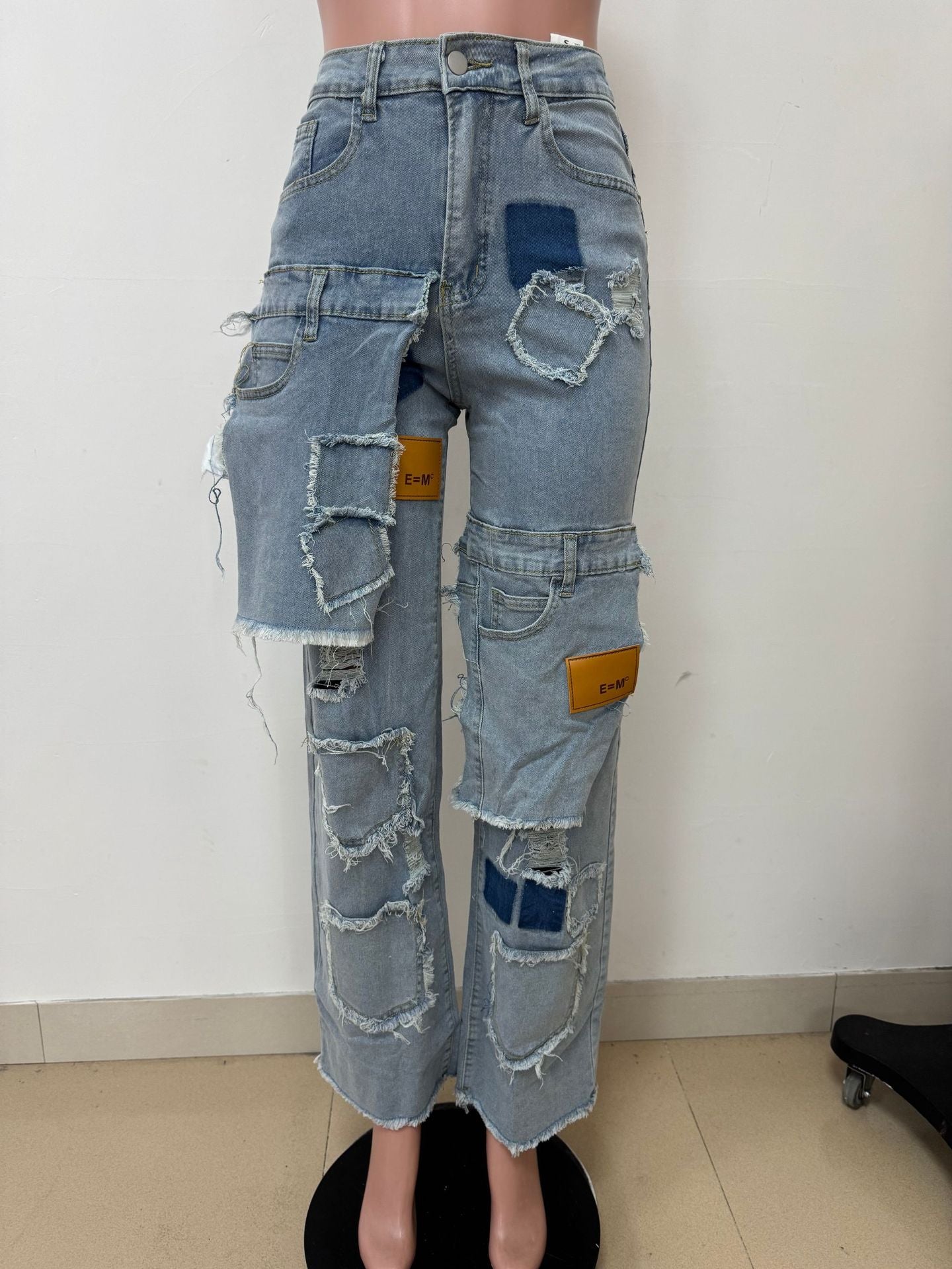 Women's Fashion Loose Straight Leg Washed Multi-Pocket Patchwork Applique Washed Street Denim Pants 3