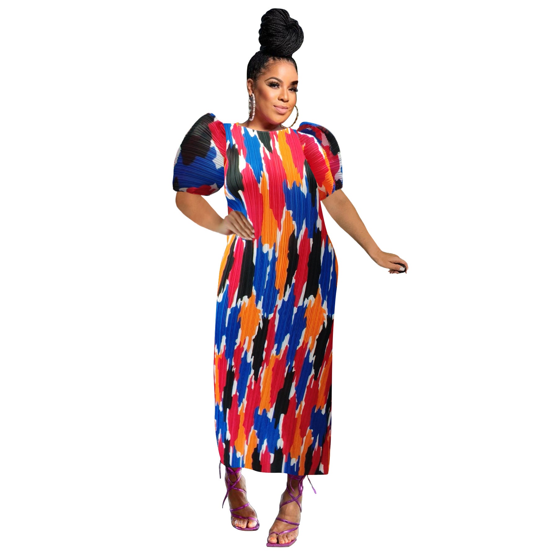 Fashionable Women's Puff Short-Sleeved Printed Dress 17