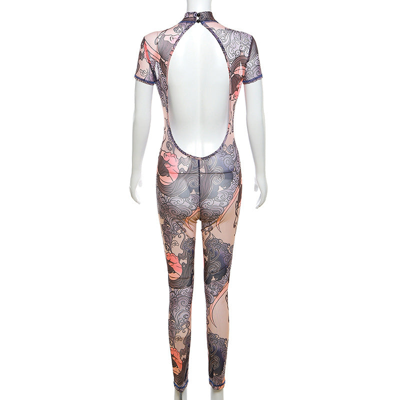 Summer Women's Sexy See-Through Mesh Print Hollow Low Back Tight Fitting Casual Jumpsuit 11