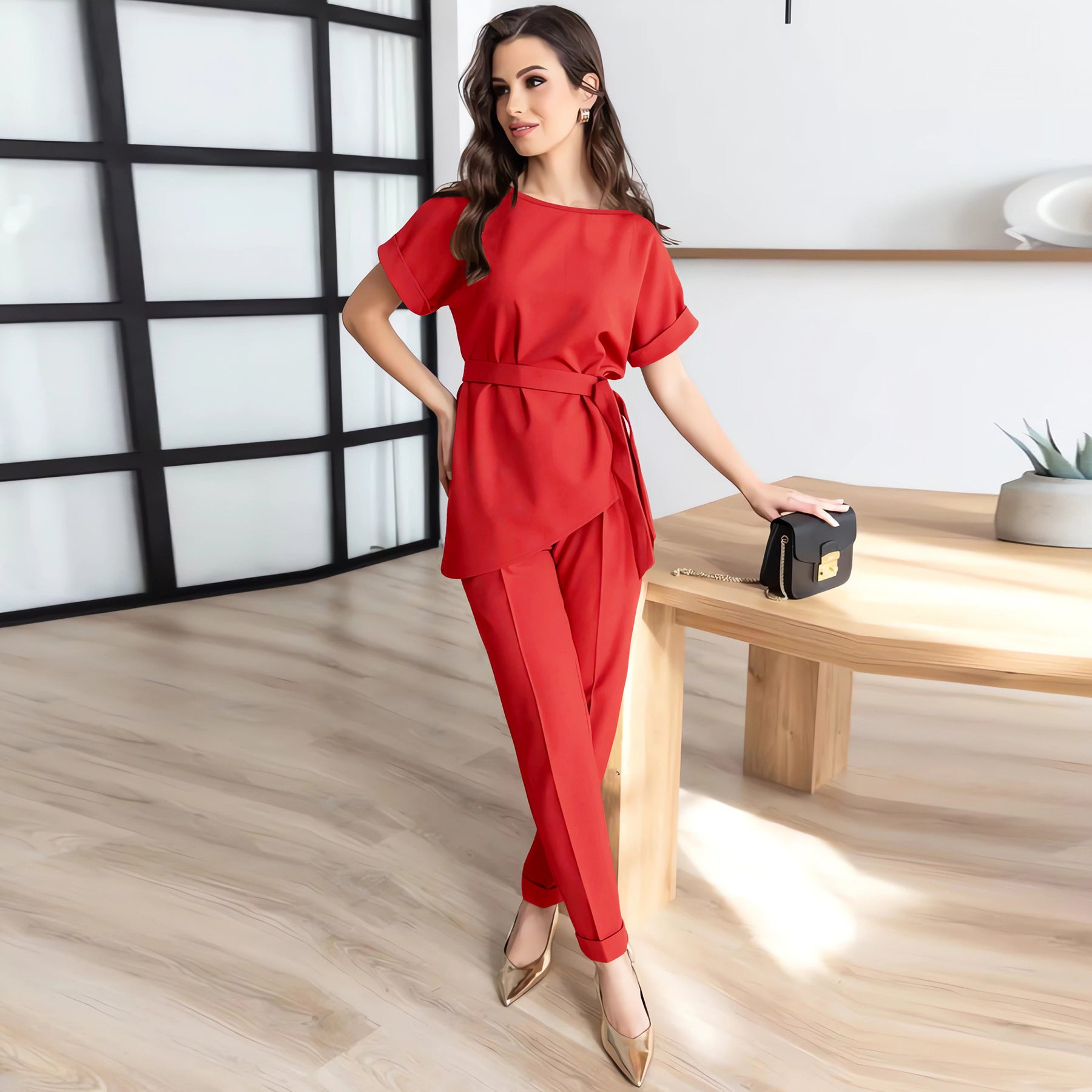 Career Women's Round Neck Short Sleeve Belt Top Set Long Pants Fashion Casual Two Piece Set 5