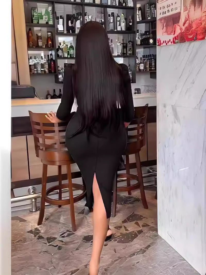 Women's Solid Color Lace V-Neck Slim Plus Size Dress 4