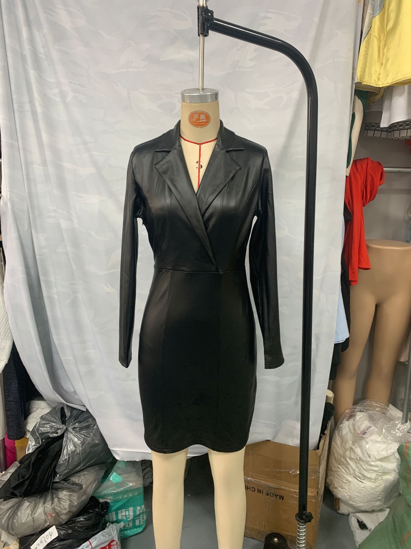 V-Neck Slim Sexy Long-Sleeve PU Leather Dress 5