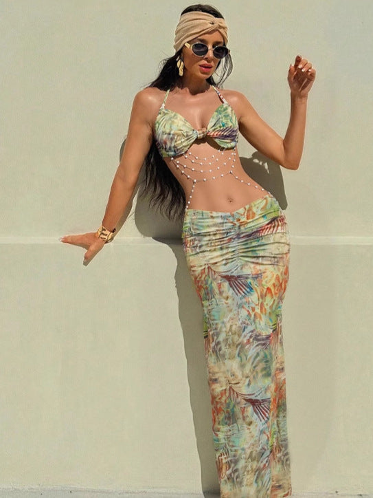 Women's Spring Halter Neck Tie Beaded Chain Slim Low Back Sexy Dress 8