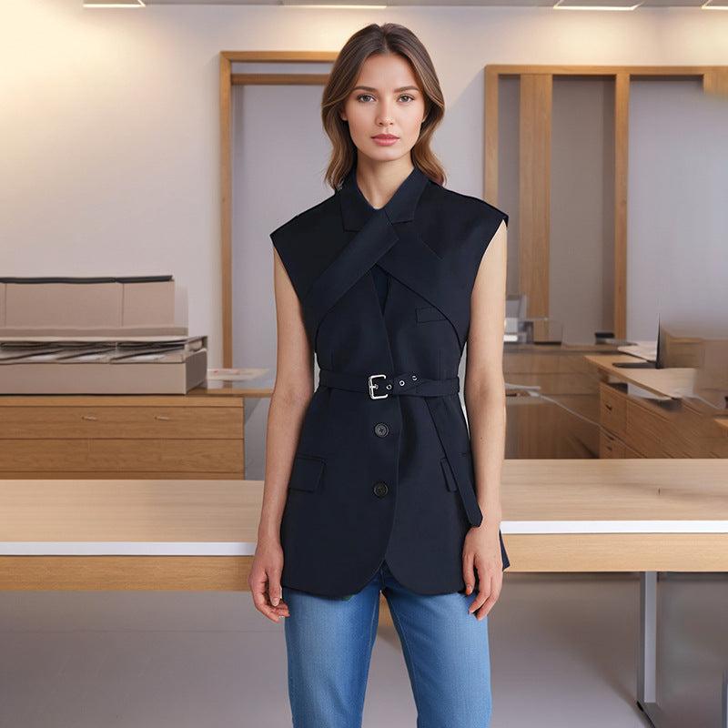 Patchwork Cross Tie Vest Solid Color Sleeveless Blazer for Women