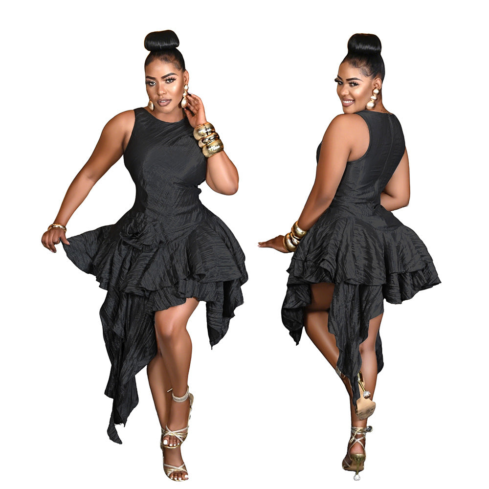 Round Neck Glitter Crinkle Irregular Solid Color Dress 8