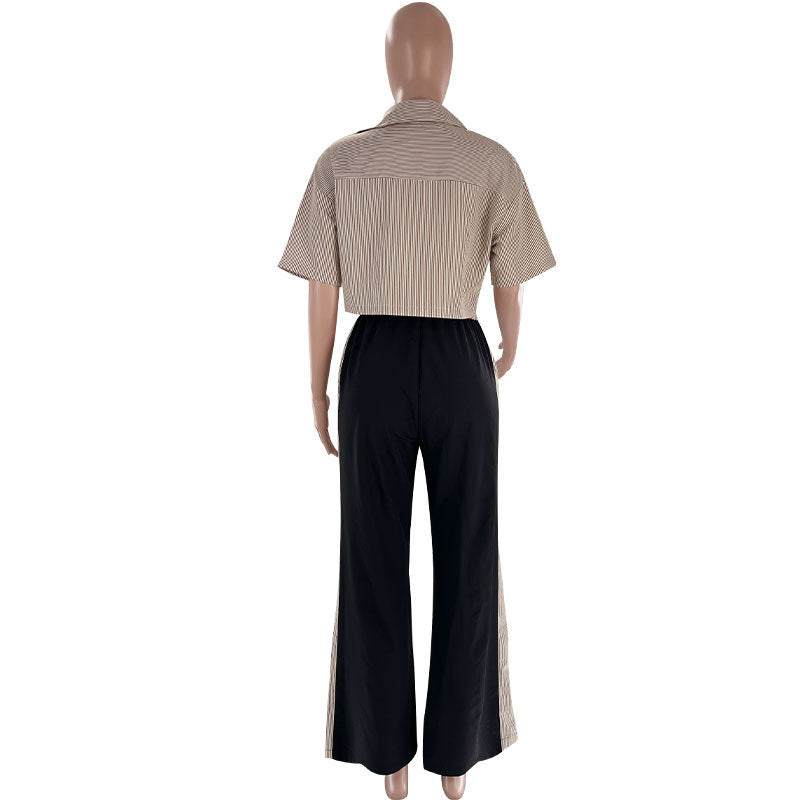 Women's Fashion Casual Summer Striped Shirt Top Loose Straight Pants Two Piece Set 9