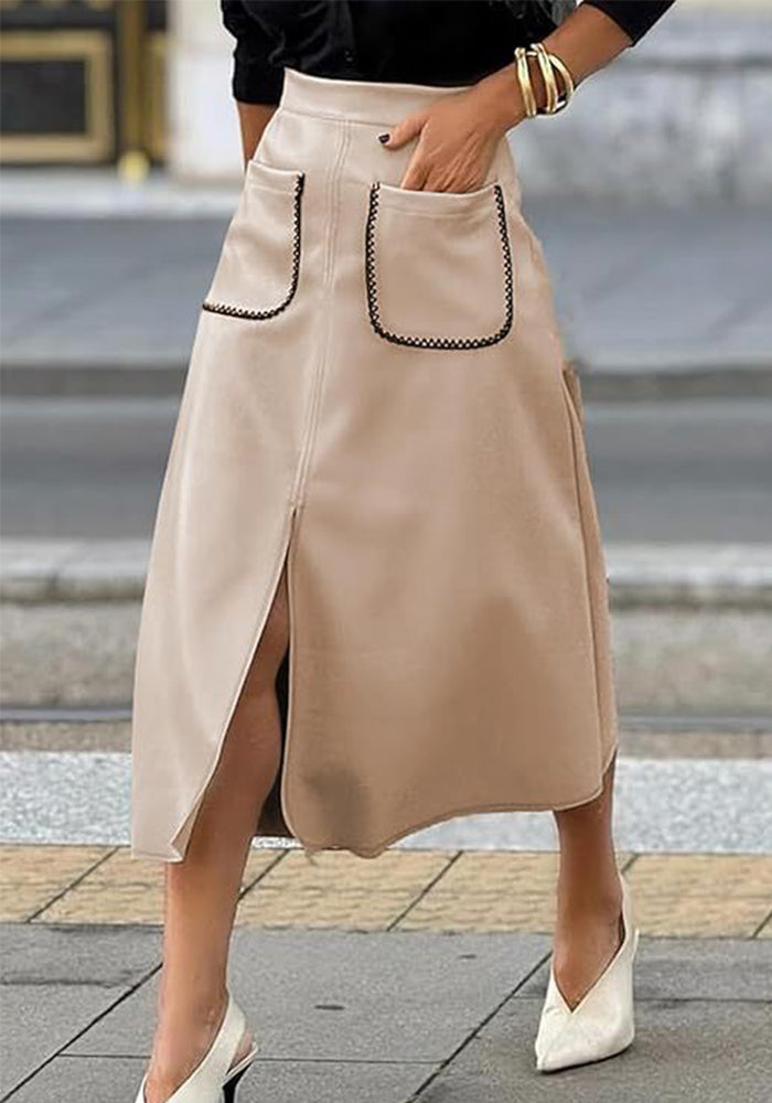 Women's Faux Suede Autumn And Winter Elastic Waist Front Pocket A-Line Midi Skirt