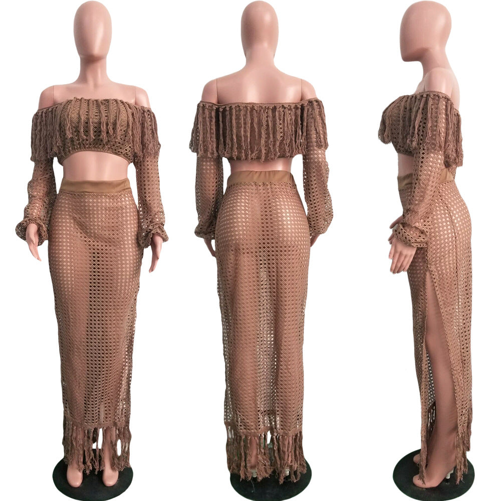 Summer Hollow Sexy Fashion Mesh Tassel See-Through Two-Piece Skirt Set 32