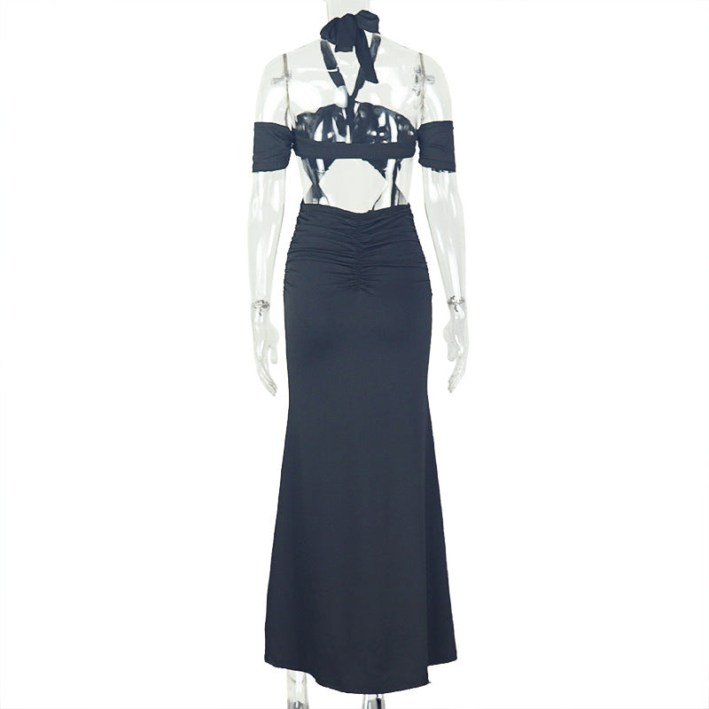 Chic Women’s Halter Neck Mermaid Dress Solid Color Cutout Long Gown 10