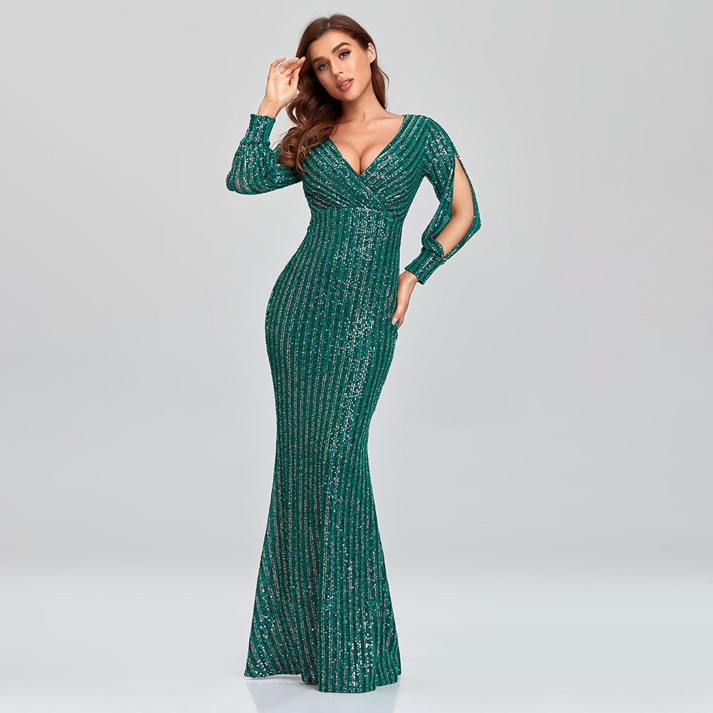 Plus Size Women Long Sleeve V-Neck Sequined Mermaid Evening Dress 7