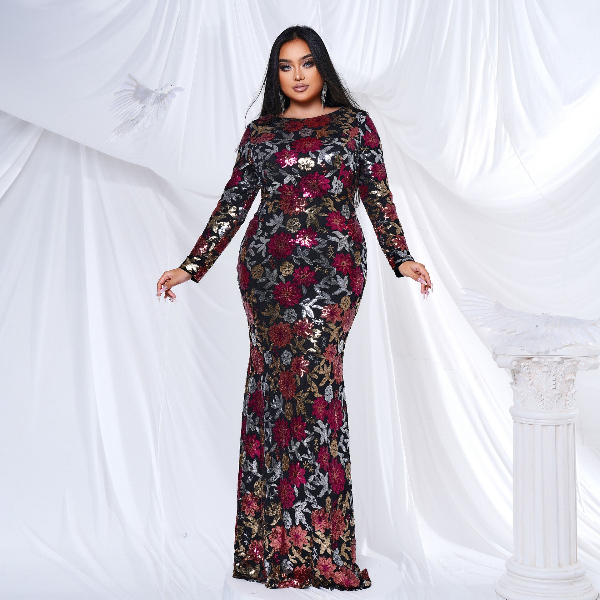 Plus Size Women Long Sleeve Round Neck Formal Party Sexy Sequin Maxi Evening Dress 3