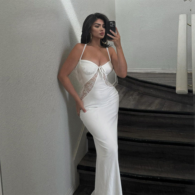 Women Lace Patchwork Lace-Up Strapless Dress