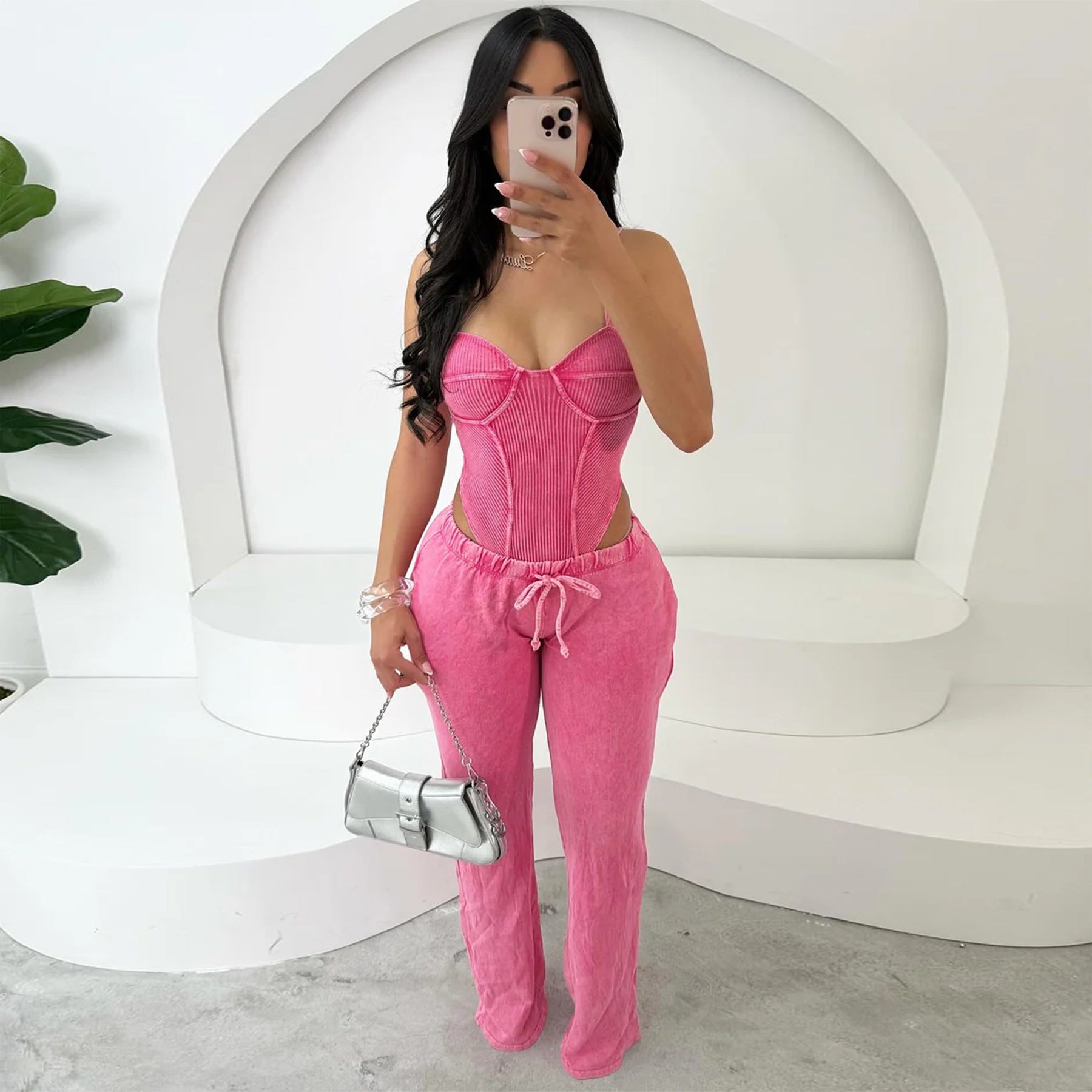 Women Sexy Cotton Washed Strapless Top and Pant Two-Piece Set 28