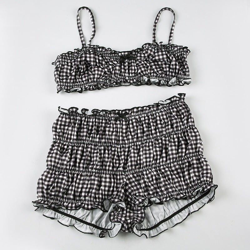 Women Summer Holidays Plaid Suspender Top Shorts Swimwear  Two-piece Set 12