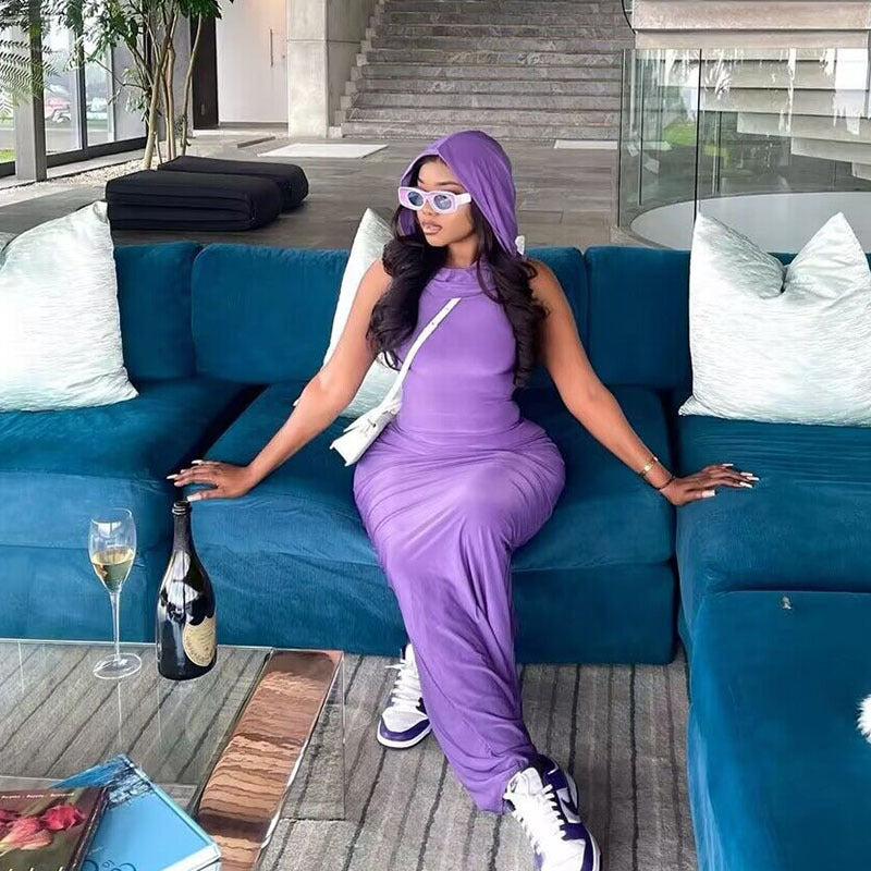 Summer Ladies Solid Color Hooded Sleeveless Bodycon Slit Dress Women 8