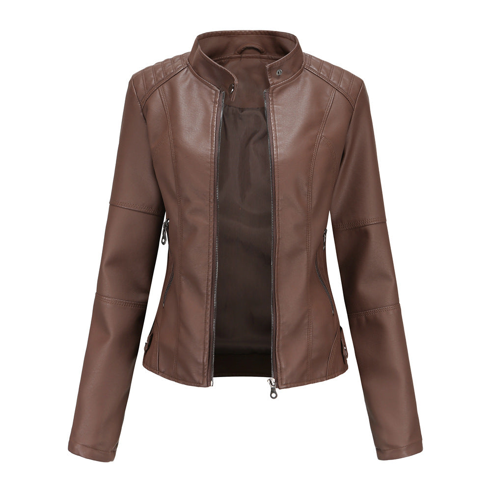 Women'S Leather Clothes Women'S Spring Autumn Coat Women'S Plus Size Stand Collar Slim Thin Leather Jacket 17