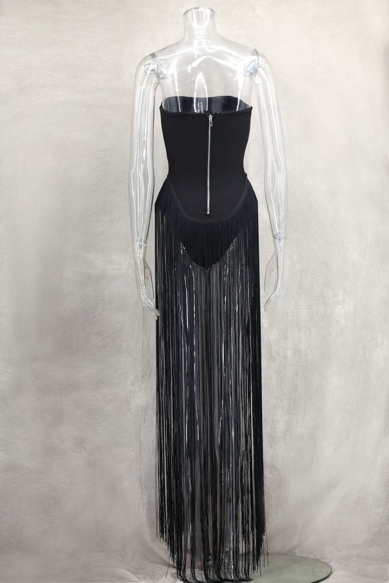 Spring Summer Style Tassel Trimmed Sexy Slimming Zipper Strapless Dress 34