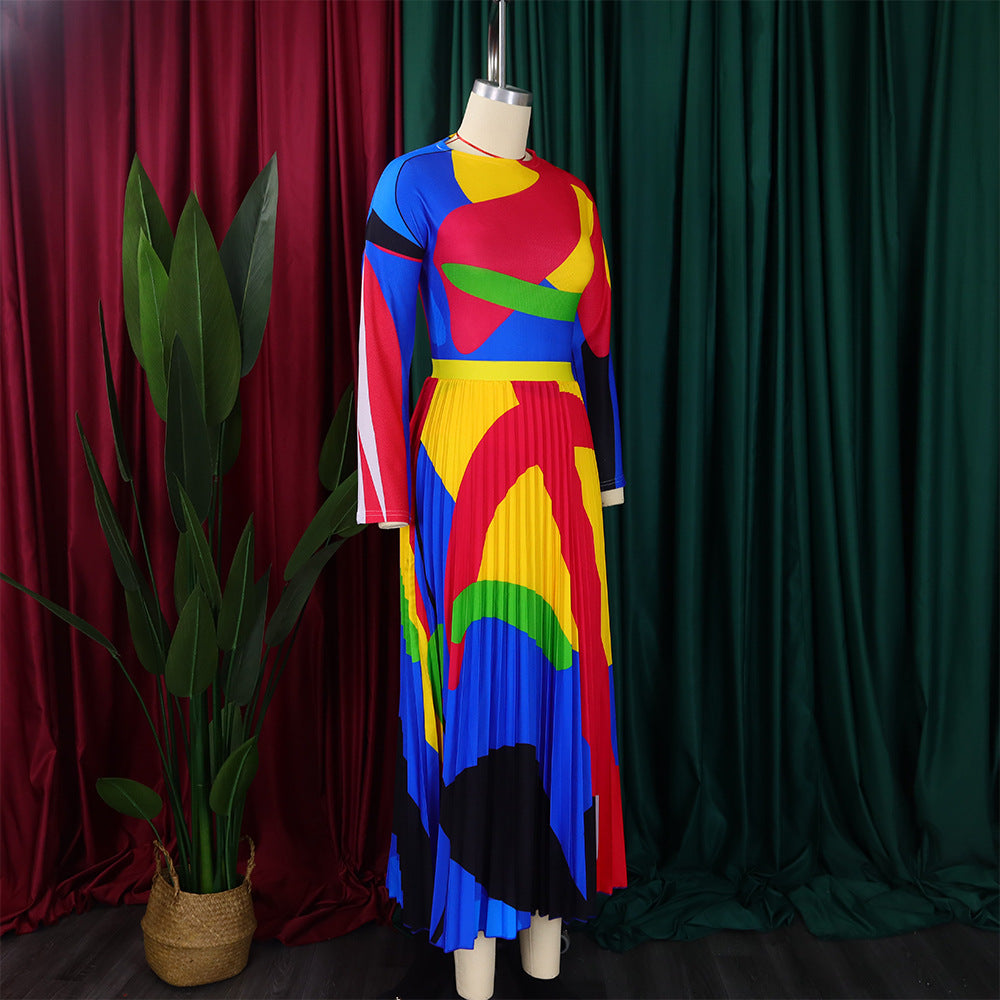 Women Autumn Pleated Print Contrast Color Long-sleeved Top and Skirt Two-Piece Set 23