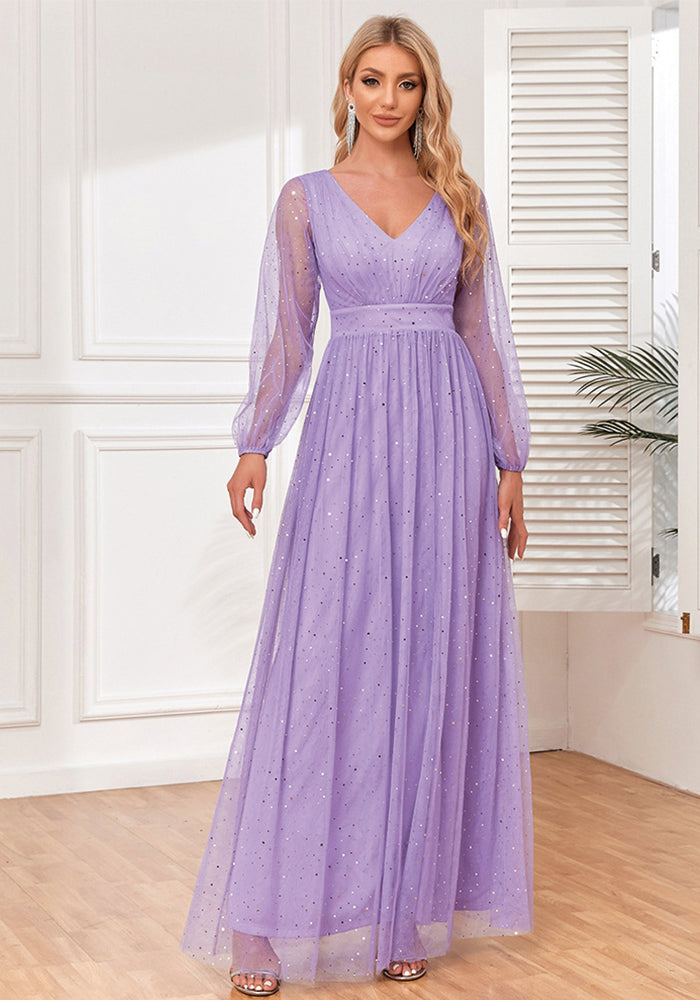 Women's Elegant V-Neck See-Through Long Sleeves Sheer Glitter Evening Gown A-Line Wedding Party Dress