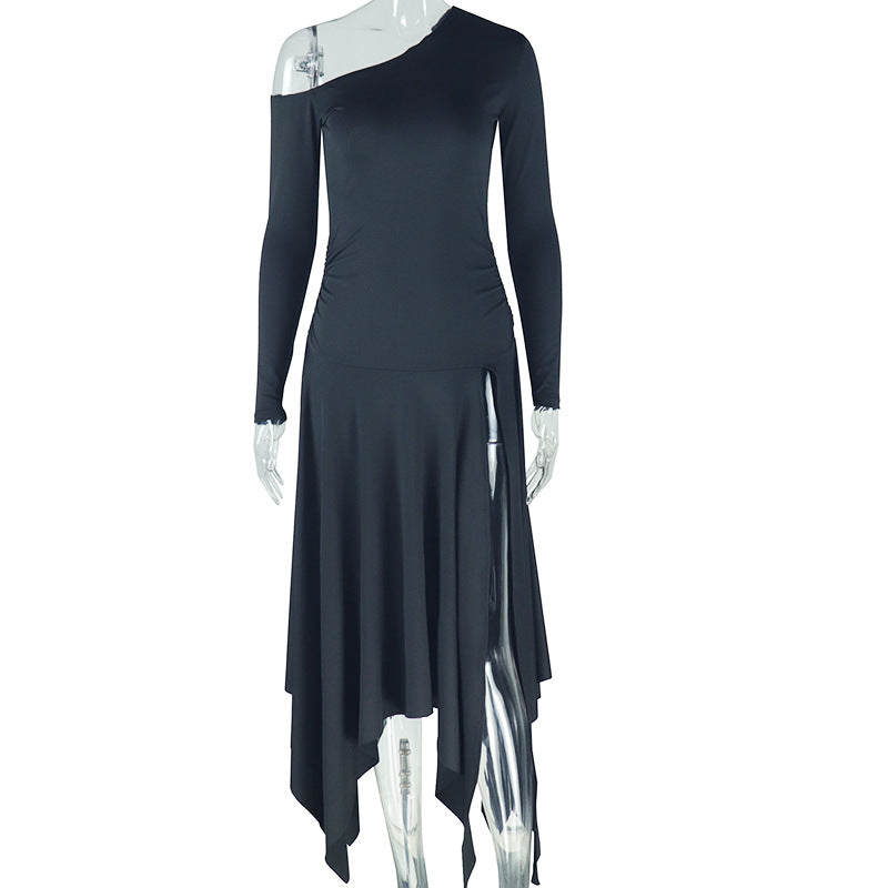 Women Style Solid Irregular Slash Shoulder Off Shoulder Long Sleeve Dress 9